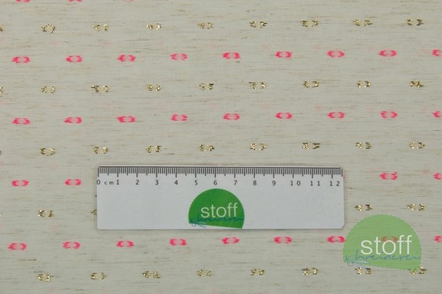 Preview: Viskose Leinen mit Echtmetall Goldeffekt und rosa auf beige Melange