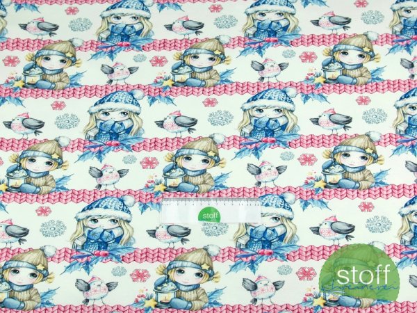 Preview: Sweat Stoff little Winter - Mädchen mit Vogel