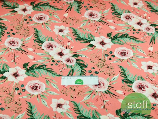 Preview: Jersey rosa Japanrose (Eustoma) auf coral