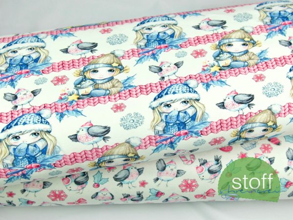 Preview: Sweat Stoff little Winter - Mädchen mit Vogel