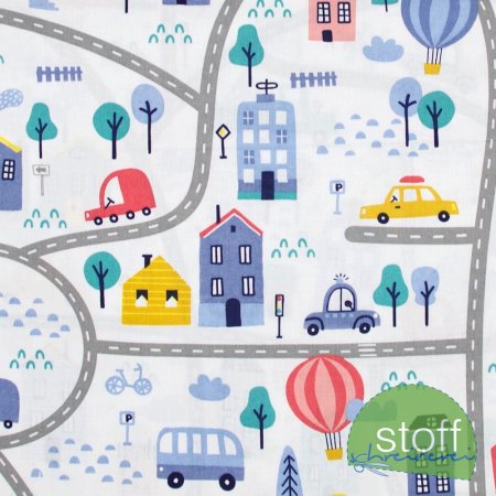 Preview: Baumwollstoff Straßen durch die Stadt hellgrau