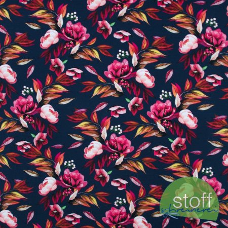 Preview: Jersey Stoff Herbstblumen dunkelblau