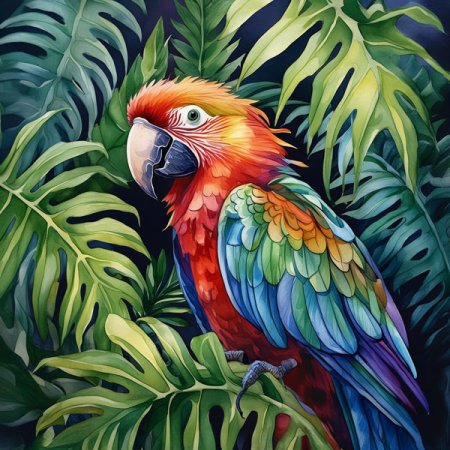 Velours-Panel tropische Blätter & roter Ara