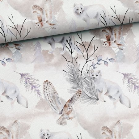 Baumwollstoff Wintertiere Polarfuchs und Eule