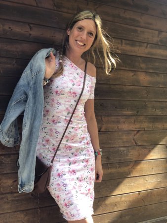 Preview: Jersey Stoff Blumen gestreift rosa weiß