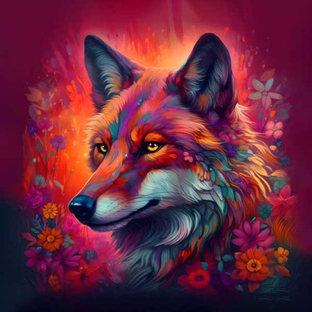 Velour Panel "Wolfkopf feurig Blumen"