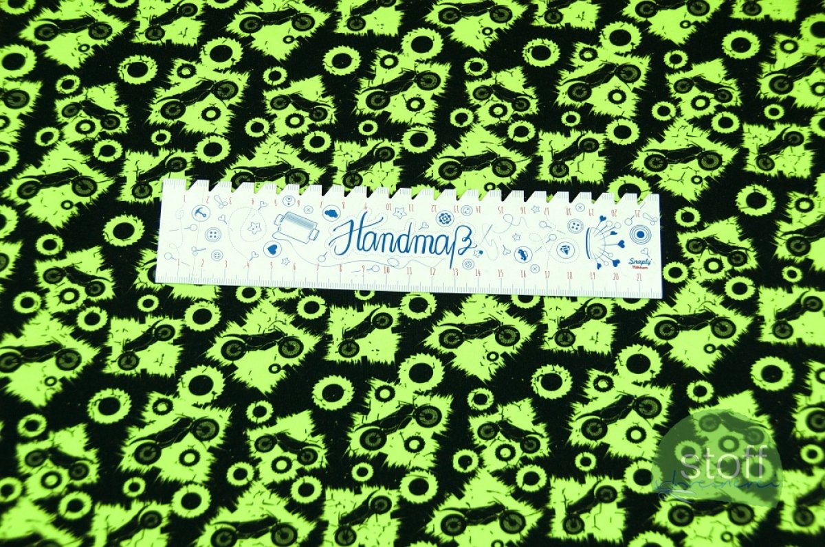 Jersey Stoff Motorrad neongelb auf schwarz