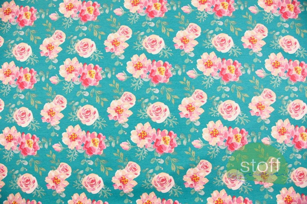 Sweat Stoff Blumen rosa pink auf grün