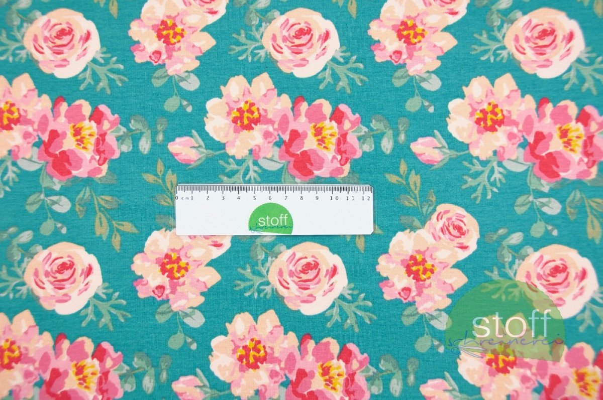 Sweat Stoff Blumen rosa pink auf grün