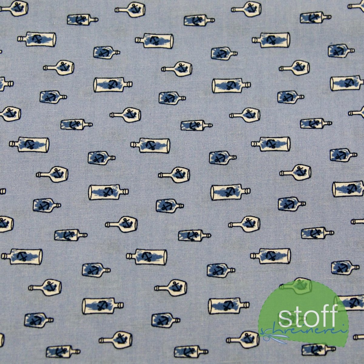 Baumwollstoff Bottle Anchor - Flaschenanker blau