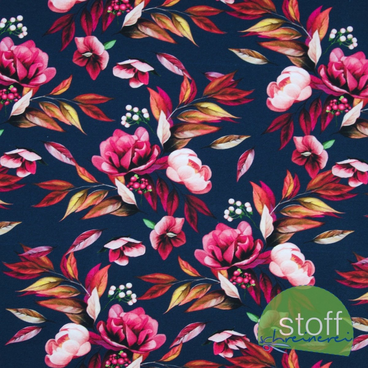 Jersey Stoff Herbstblumen dunkelblau