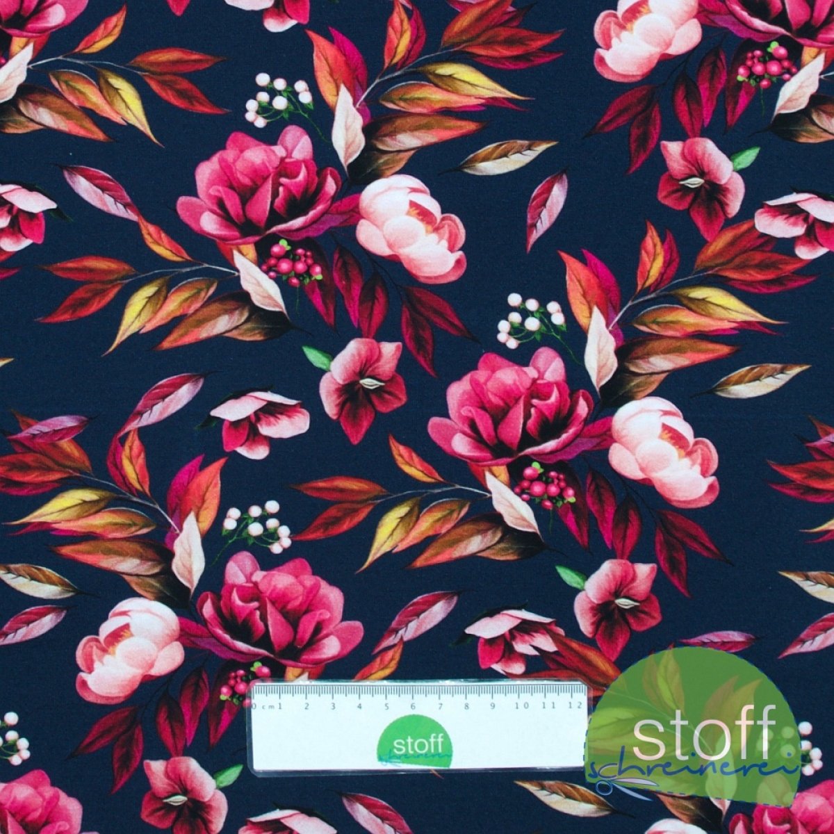 Jersey Stoff Herbstblumen dunkelblau