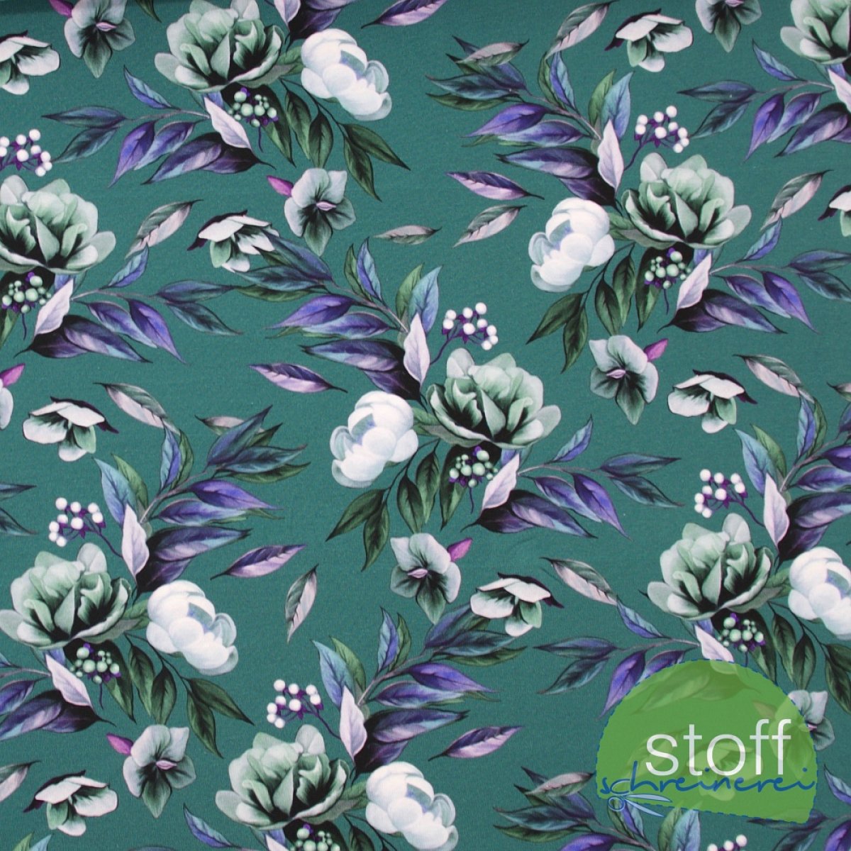 Jersey Stoff Herbstblumen smaragd