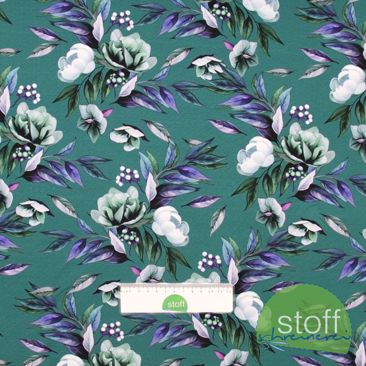 Jersey Stoff Herbstblumen smaragd