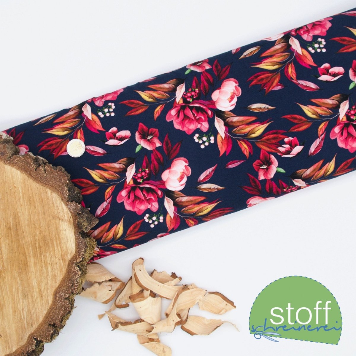 Jersey Stoff Herbstblumen dunkelblau