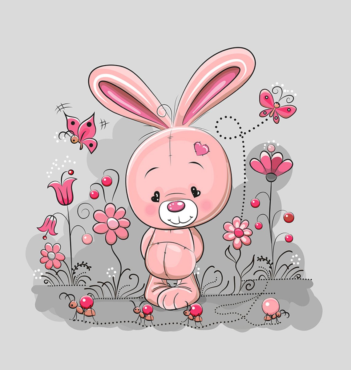 French Terry - Panel S rosa Hase auf grau