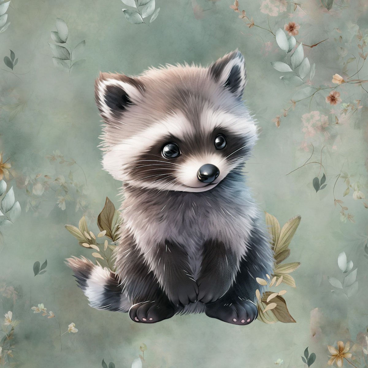 French Terry Panel Frühlingswald Waschbär