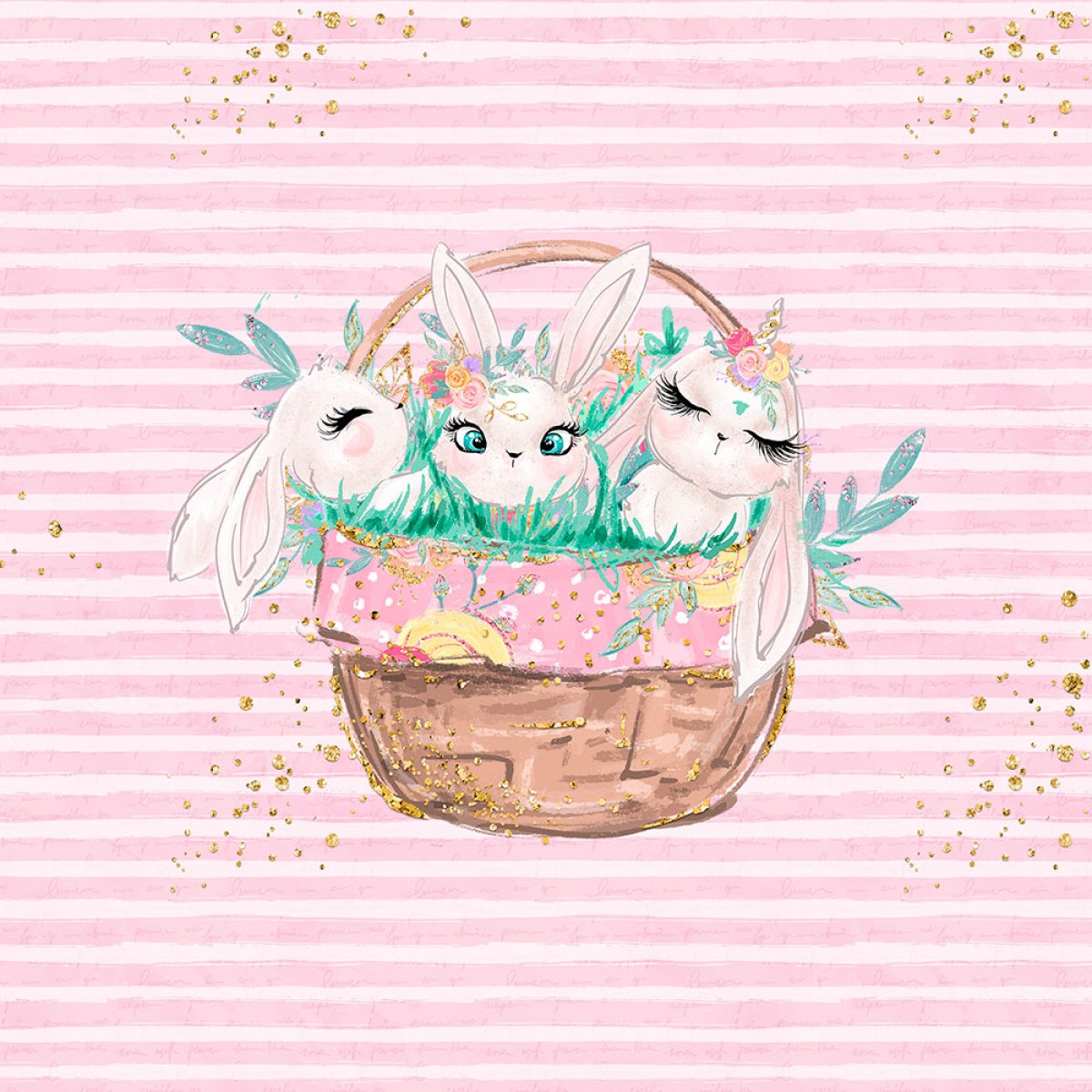 French Terry - Panel S süße Häschen im Körbchen