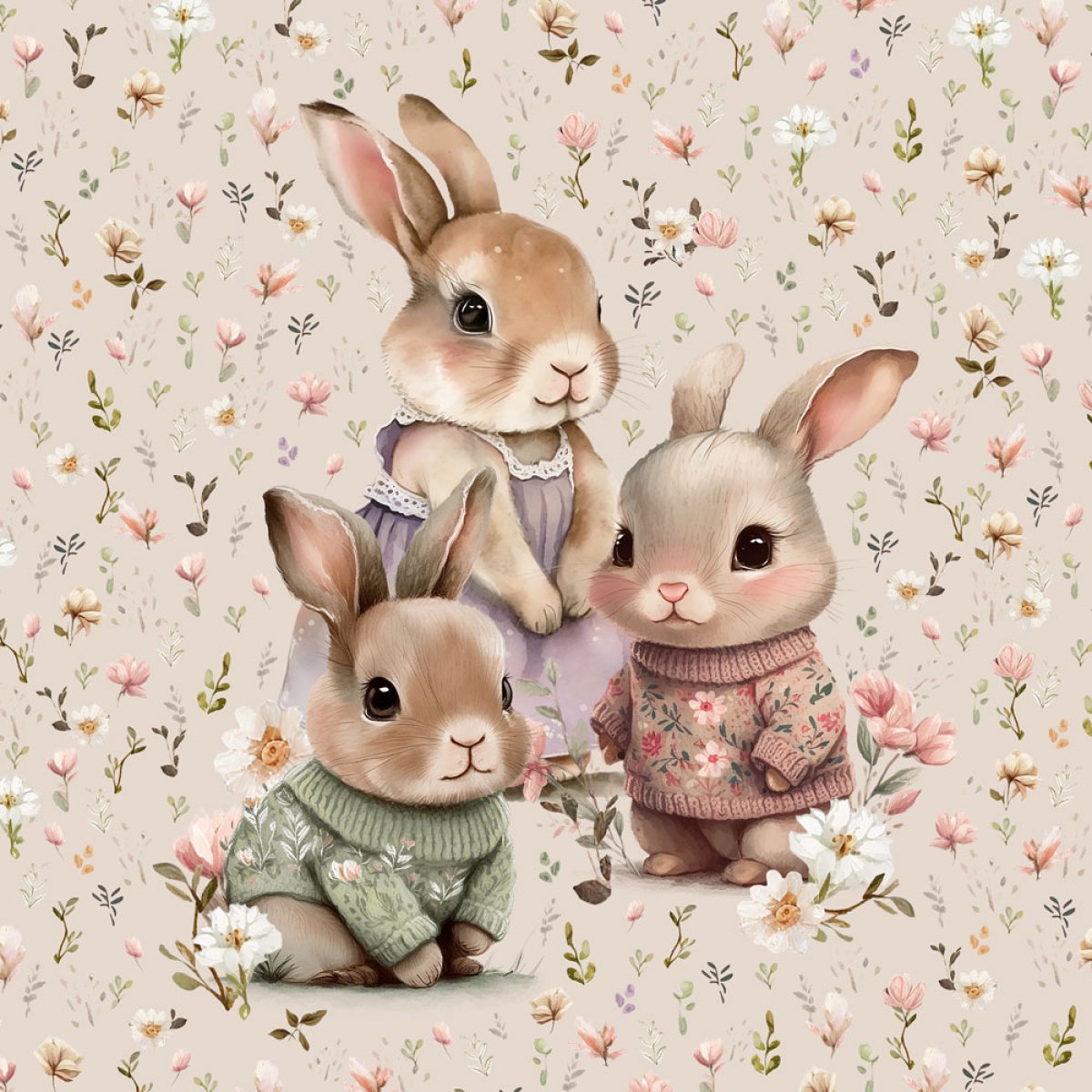 French Terry Panel "Hasenbabys in Blumen"