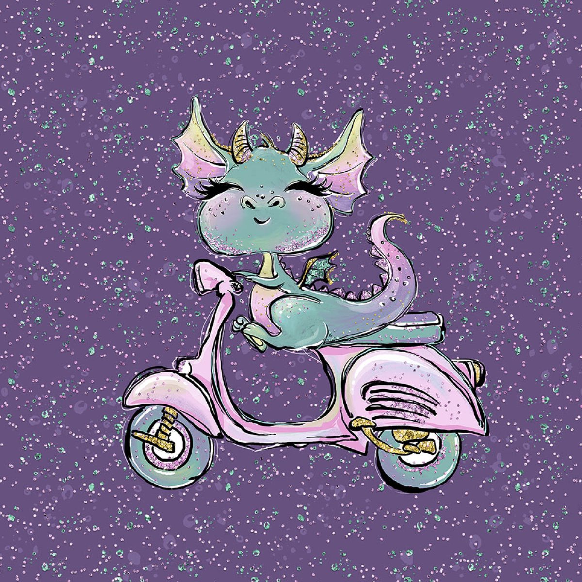 French Terry - Panel S süßer Drache mit Vespa