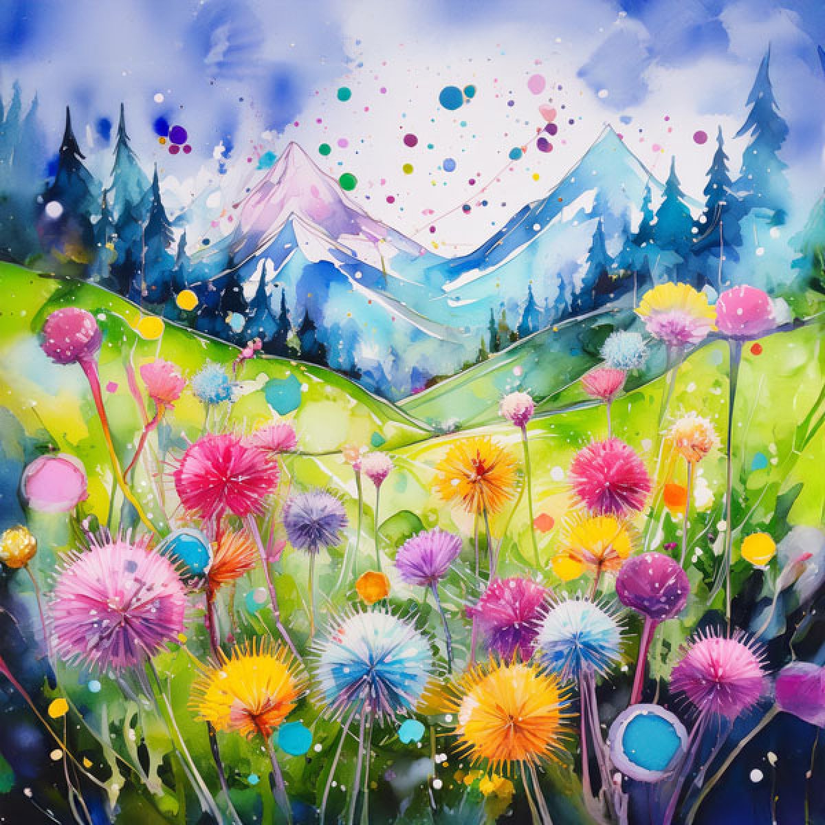 Samt-Panel Blumenlandschaft Craspedia