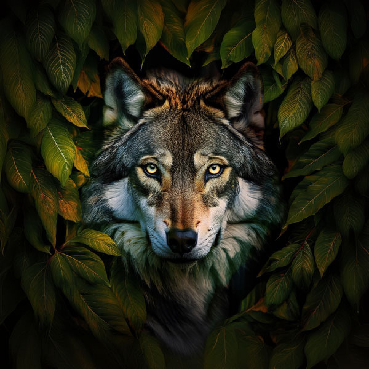 Velours-Panel "Wolf" in Blätter